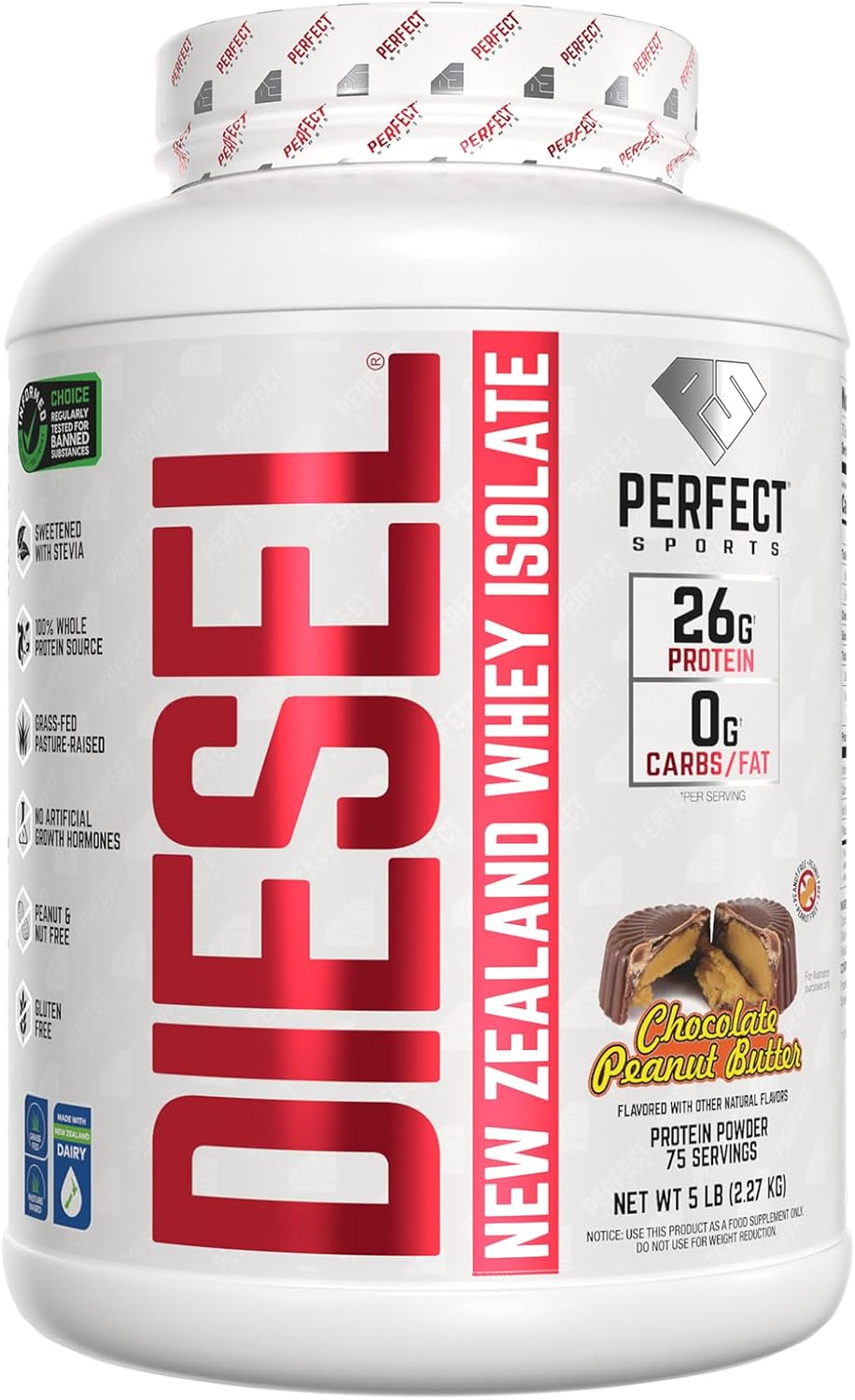 PERFECT SPORTS Diesel 100% New Zealand Whey Protein Isolate | Stevia Sweetened, No Artificial Ingredients, Keto | 0g Carb, 0g Fat, 26g Protein | 5 Pounds (Chocolate Peanut Butter)