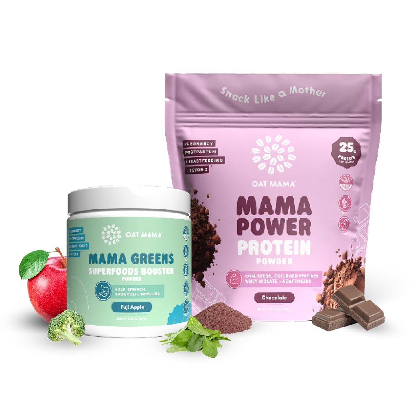 Oat Mama New Mom Postpartum Superfood Bundle \u2013 Chocolate Mama Power Protein Powder & Superfood Greens Powder - All-Natural Ingredients - Complete Nutrition for Postpartum, Lactation & Prenatal Moms