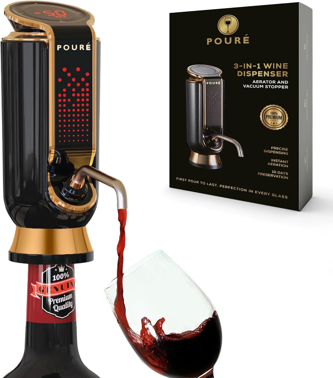 POURĂ 3-IN-1 Wine Aerator Dispenser & Vacuum Stopper - Adjustable Pouring, Preserving, Real-Time Temp, Output & Pressure Control - Touch Screen LED Wine Accessories - Fits 18\u201320mm Bottles - Black