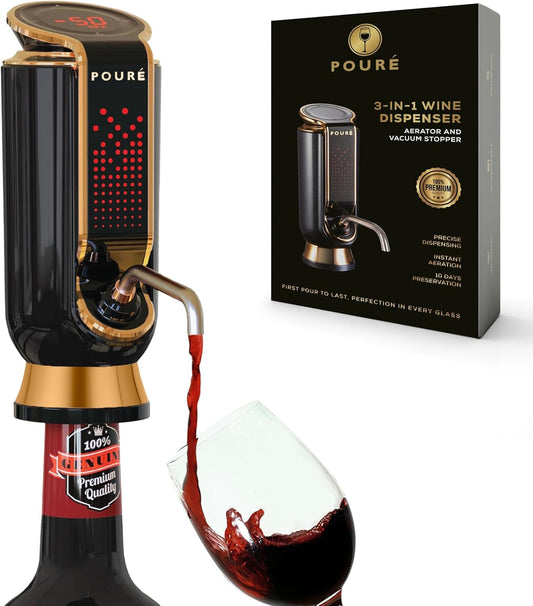 POURÉ 3-IN-1 Wine Aerator Dispenser & Vacuum Stopper - Adjustable Pouring, Preserving, Real-Time Temp, Output & Pressure Control - Touch Screen LED Wine Accessories - Fits 18\u201320mm Bottles - Black