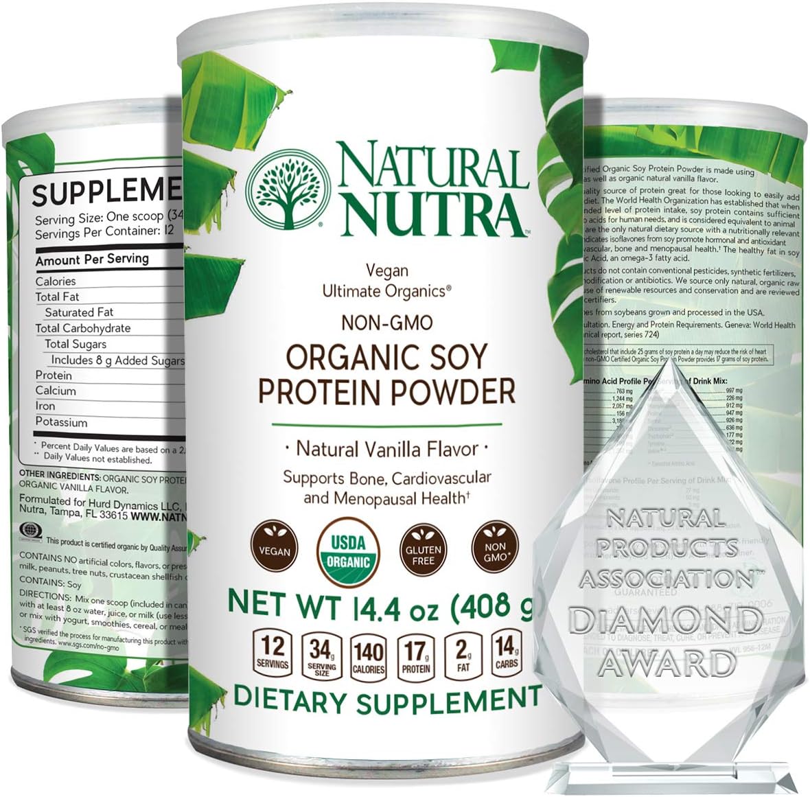 Natural Nutra Organic Vegan Plant Based Soy Protein Source Powder, Support Midlife Transition, Supports Bone and Improves Cardiovascular Health, Gluten Free, Non GMO, Sugar-Free 14.4 OZ.