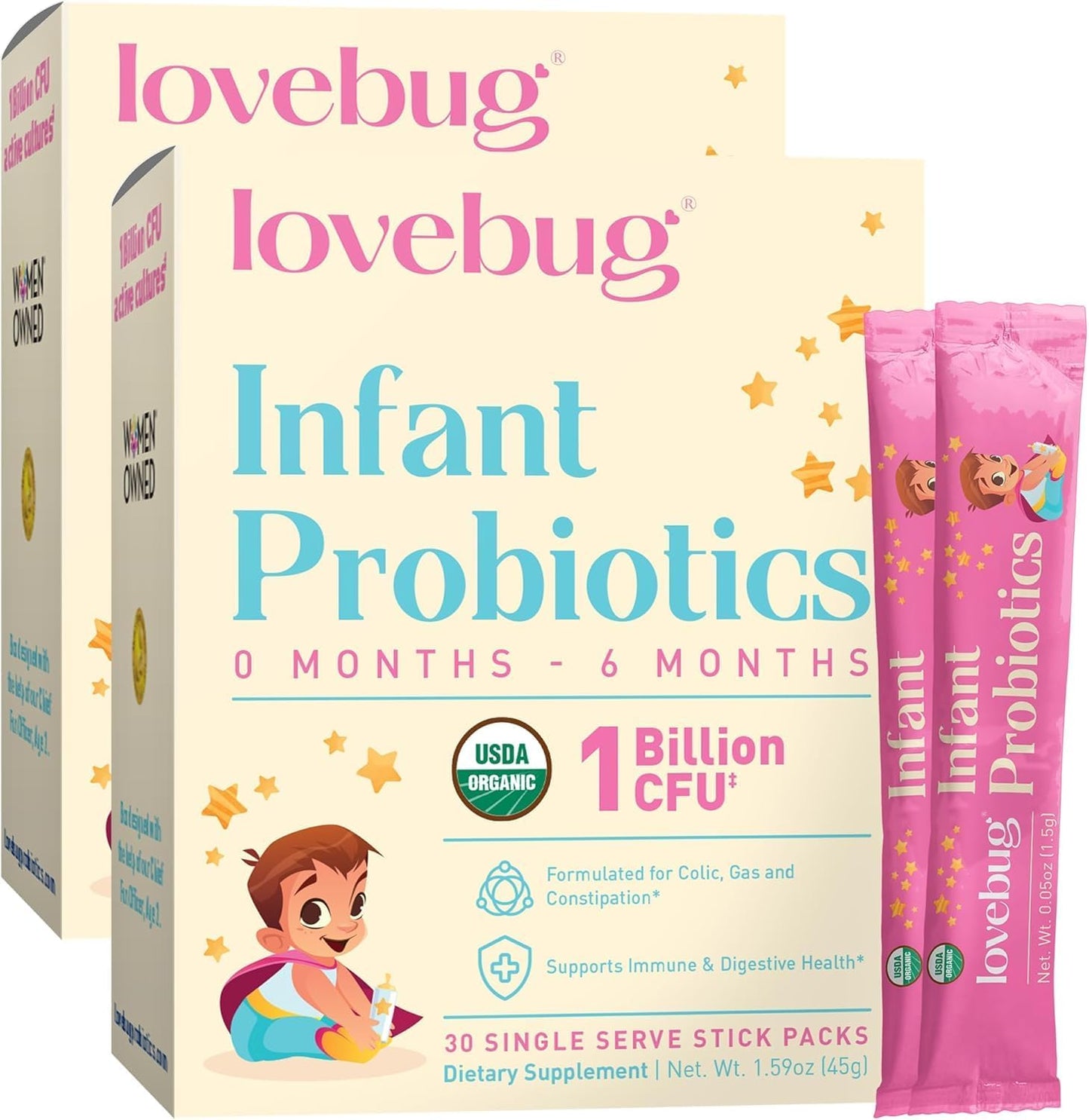 LOVEBUG Infant Probiotics 0-6 Months - USDA Organic Probiotics for Babies, Supports Baby Gas, Colic, Reflux, Diarrhea and Newborn Constipation Relief, Allergen & Sugar Free, Tasteless Powder, 60 Pack