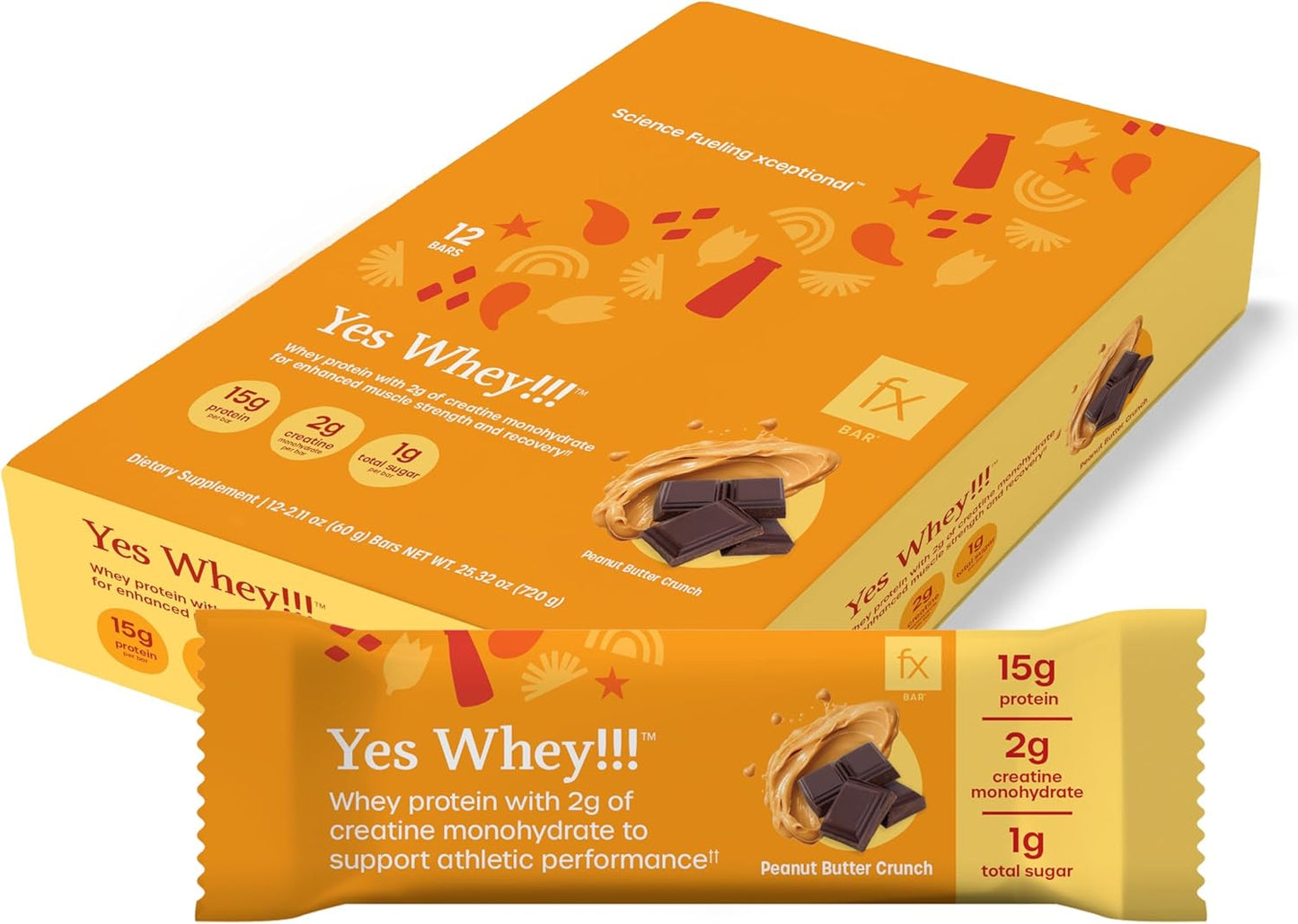 Fx Yes Whey Bar, Peanut Butter Crunch - 15g Whey Protein Bar with Creatine to Support Muscles, Energy & Peak Performance - 1g Sugar (12 Bars)
