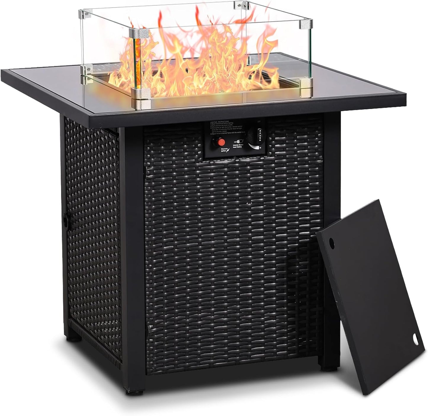Ainfox 28 Inch Outdoor Fire Pit Table, 50,000 BTU Propane Fire Pit with Lid and Wind Glass Shield, Rattan 3-in-1 Fire Table for Patio, Backyard, Garden