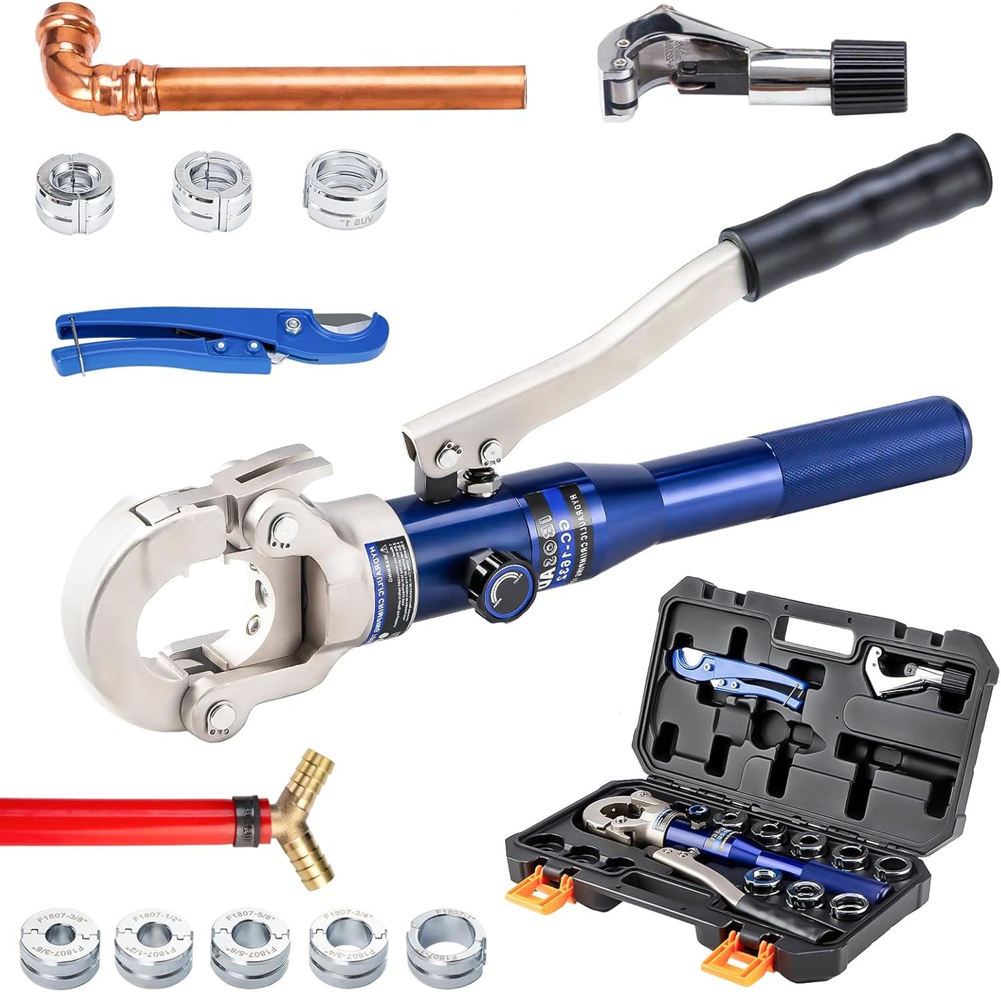 IBOSAD Hydraulic Copper Pipe Tube Fittings Crimping Tool with 1\/2",3\/4" and 1" Dies for Press Copper Pipe Fitting and 3\/8",1\/2",5\/8",3\/4",1" Dies for ASTM F1807 Pex Pipe Copper Ring