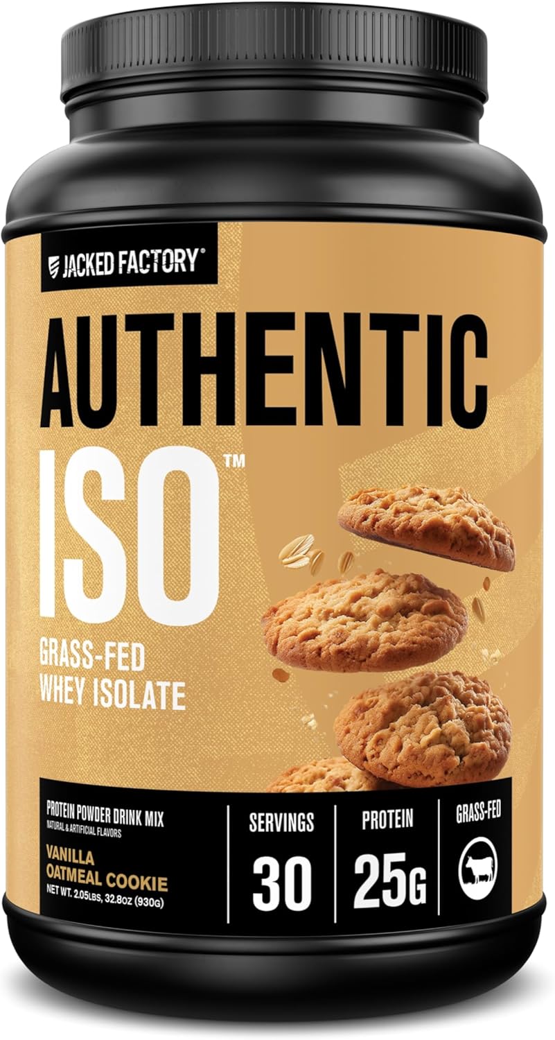 Jacked Factory Authentic ISO Grass Fed Whey Protein Isolate Powder - Low Carb, Non-GMO Muscle Building Protein w\/No Fillers, Post Workout Recovery, Vanilla Oatmeal Cookie