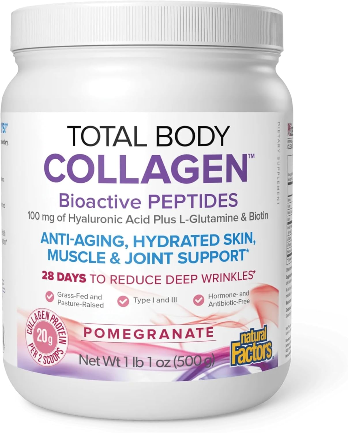 Natural Factors Total Body Collagen, Bioactive Peptides Powder for Healthy Skin, Hair & Joints, Pomegranate, 500 g