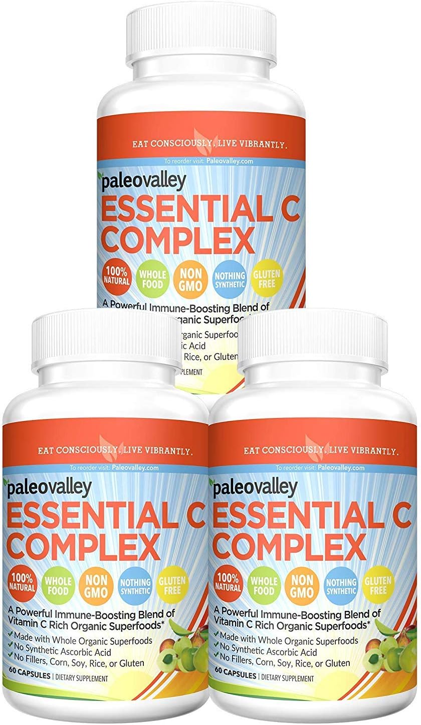 Paleovalley Essential C Complex - Vitamin C Supplement for Immune Support - 3 Pack, 450mg - From Organic Superfoods Unripe Acerola Cherry, Camu Camu, Amla Berry - No Synthetic Ascorbic Acid - USA Made
