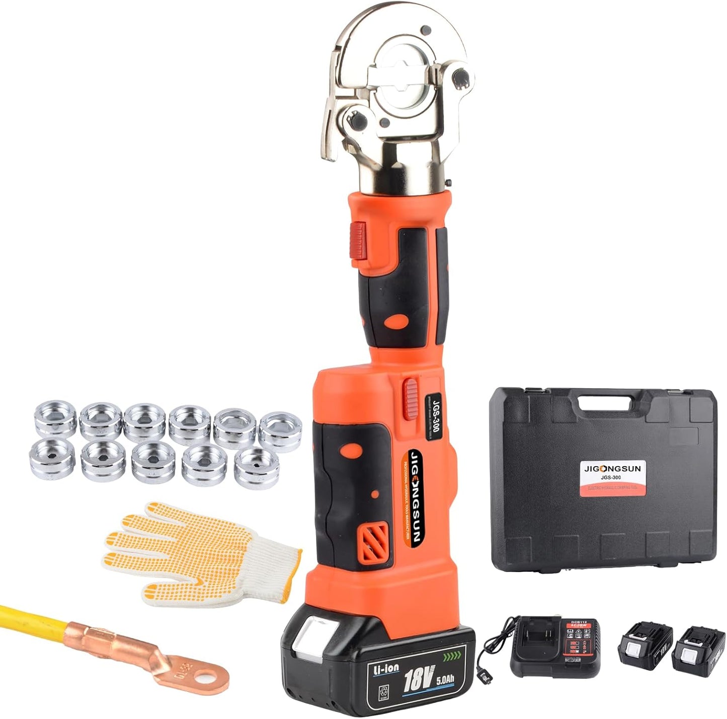 JIGONGSUN Electric Hydraulic Crimping Tool, 12 Ton 8AWG-600MCM Rechargeable Hydraulic Crimper for Cu\/Al Terminal, Wire Cable Lug Crimping Tool Kit (12 dies)