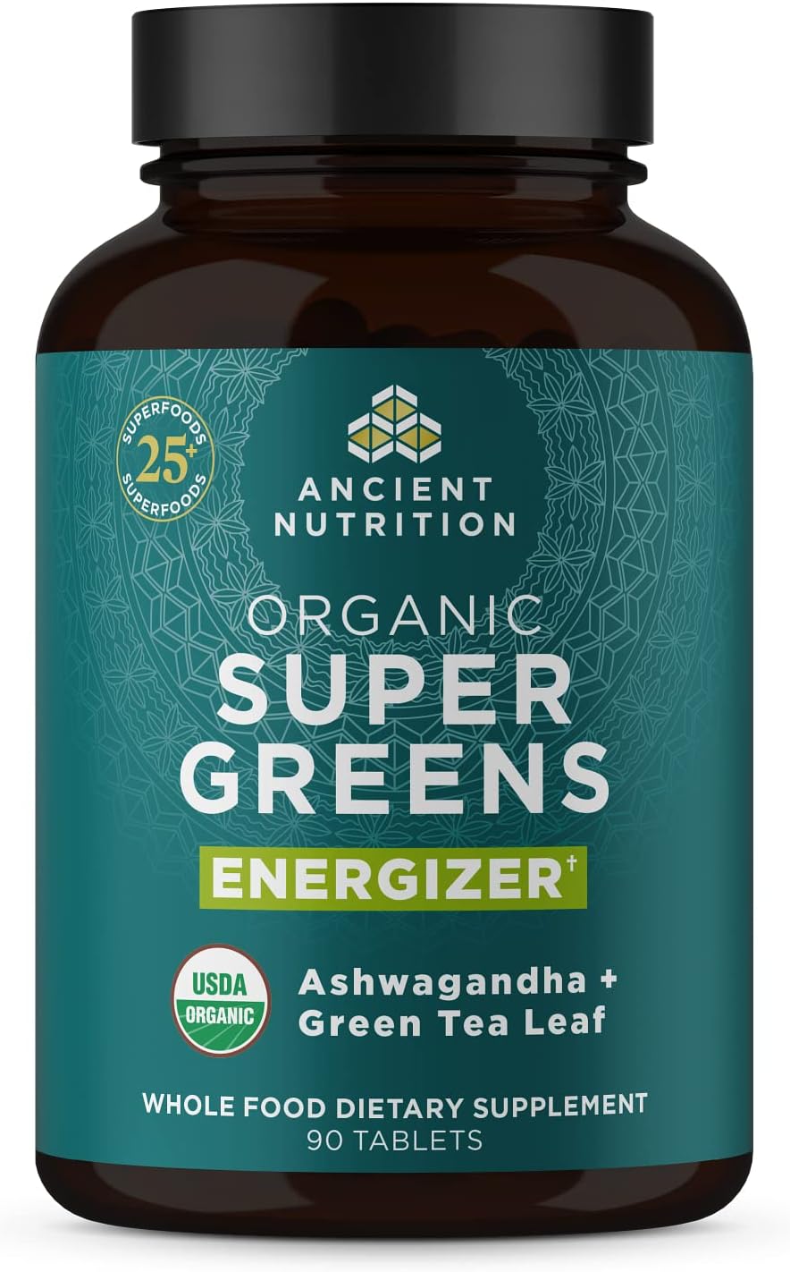 Ancient Nutrition Supergreens Energizer Tablets, Organic Superfood Tablets with Caffeine, Made from Real Fruits, Vegetables and Herbs, for Digestive and Energy Support, 90 Count