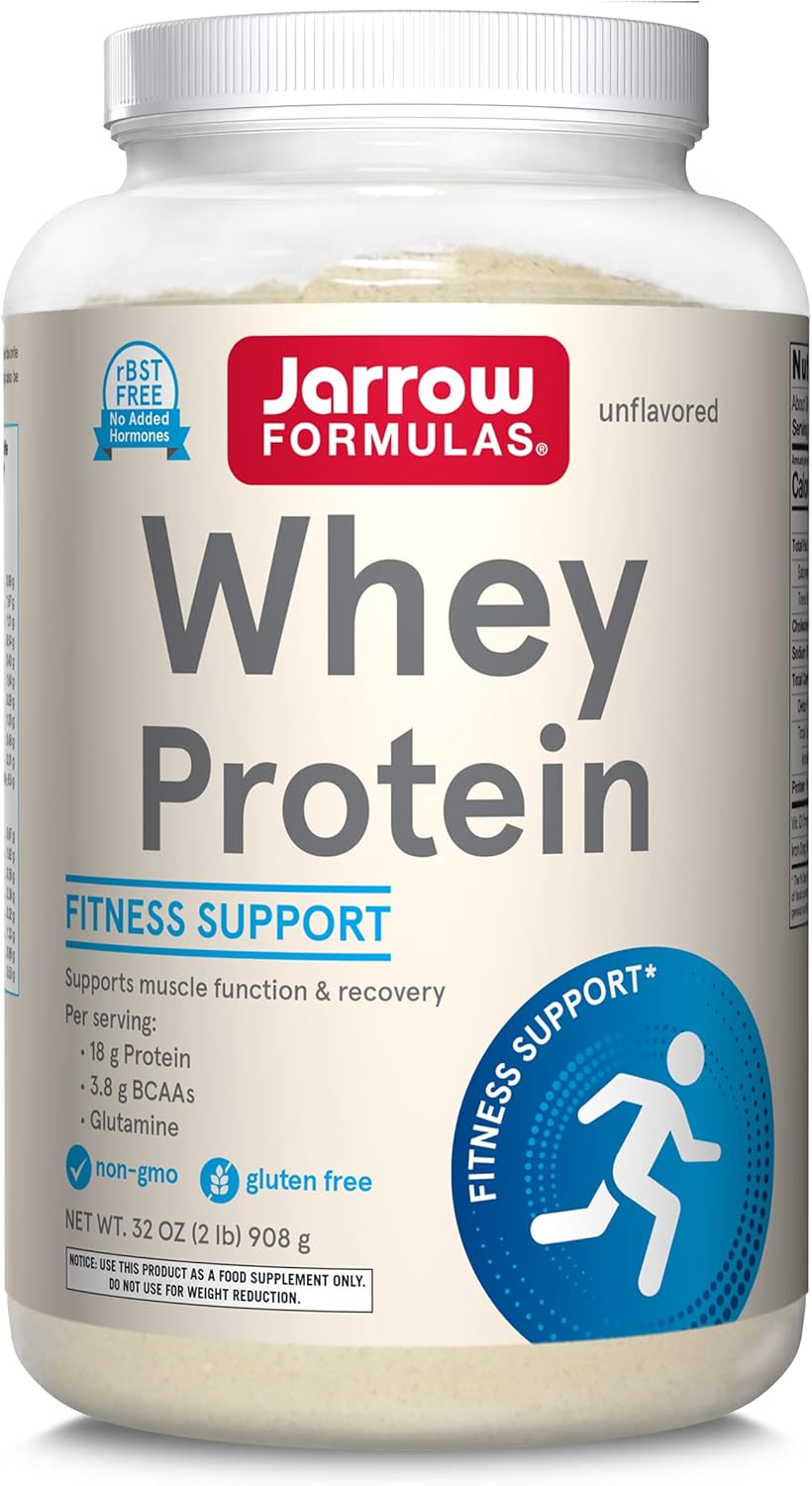 Jarrow Formulas Whey Protein With 18 g of Protein, 3.8 g of BCAAs, and Glutamine, Dietary Supplement for Muscle Function and Recovery Support, 32 oz Unflavored Powder, Approximately 38 Day Supply