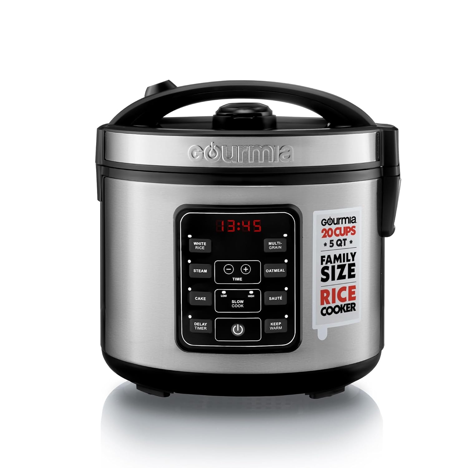 Gourmia Rice Cooker \u2013 5 Qt Capacity, 20 Cup Cooked, 10 Cup Uncooked, Digital Controls, 6 Cooking Presets, Grain Cooker & Steamer, Nonstick Pot, Steam Tray, Delay Timer, Keep Warm, Stainless Steel