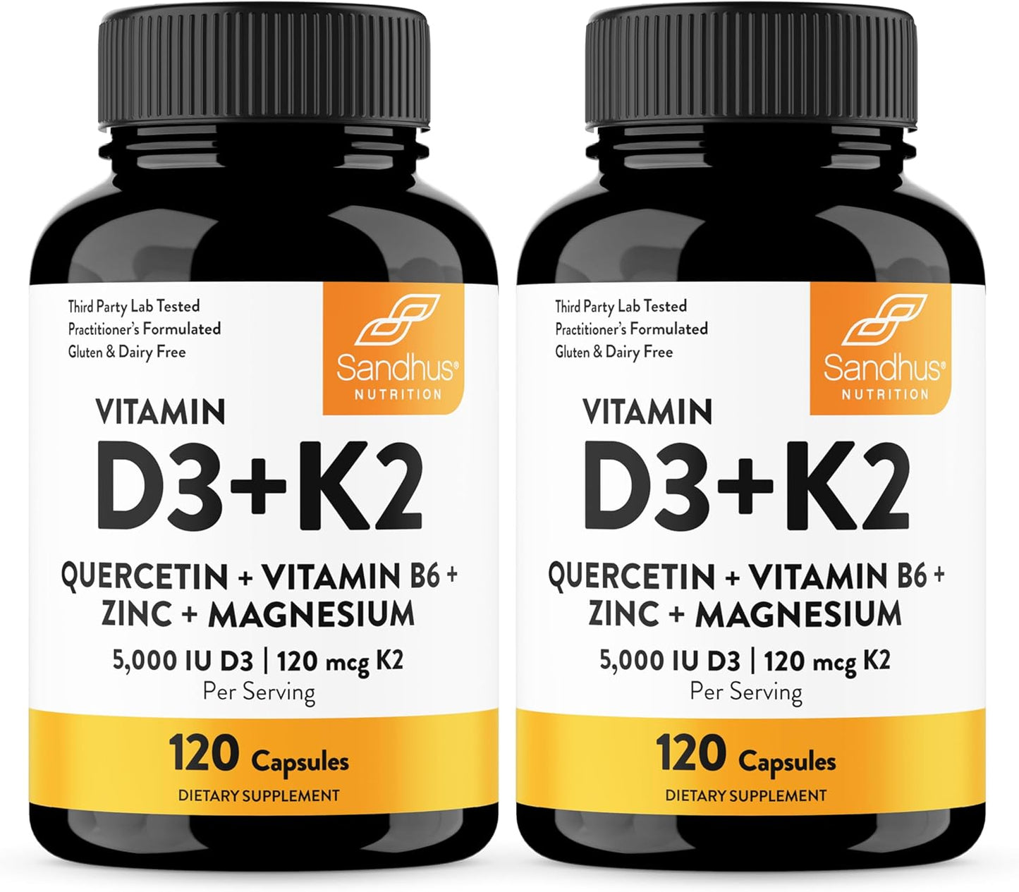 Sandhu's Vitamin D3 K2 Magnesium 5000 IU, 120mcg K2 Capsules 120 Count (Pack of 2) | with VIT B6, Zinc & Quercetin | D3K2 Supports Superior Absorption, Energy, Immune, Muscle Health for Men & Women