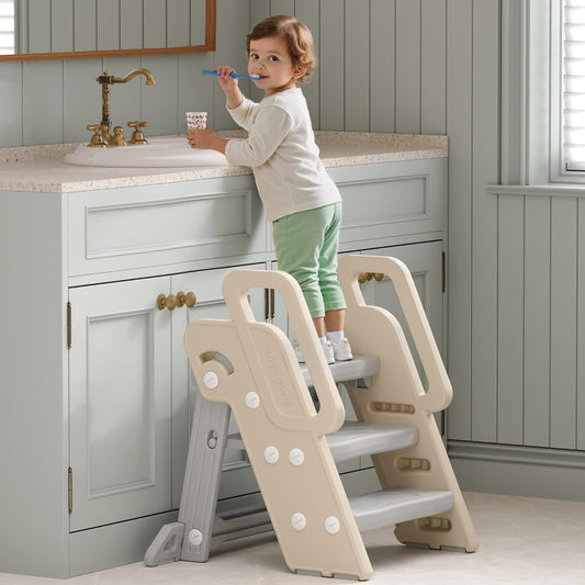 Foldable Step Stool for Bathroom Sink - Adjustable Toilet Trainer & Anti-Tip Guard - Kitchen Learning Stool with Safety Rail,Bookshelf Ladder for Toddlers with Safety Lock,Grey
