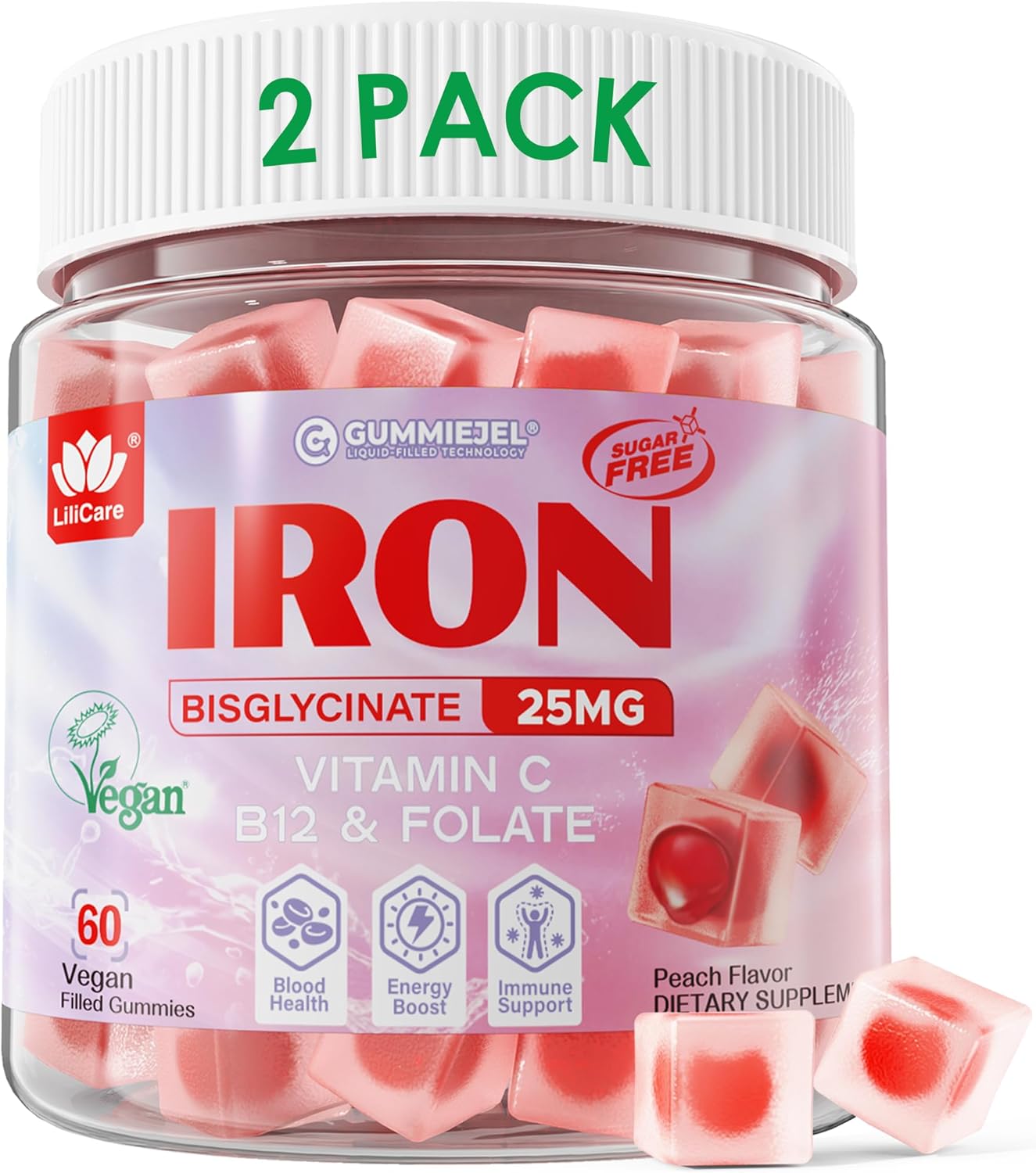 LILICARE Vegan Iron Supplement for Women 25mg, Sugar Free Iron Gummies with Vitamin C, Methy B12, Folate for Energy Boost, Iron Deficiency, No After Taste, Peach Flavor - 60 Count (Pack of 2)