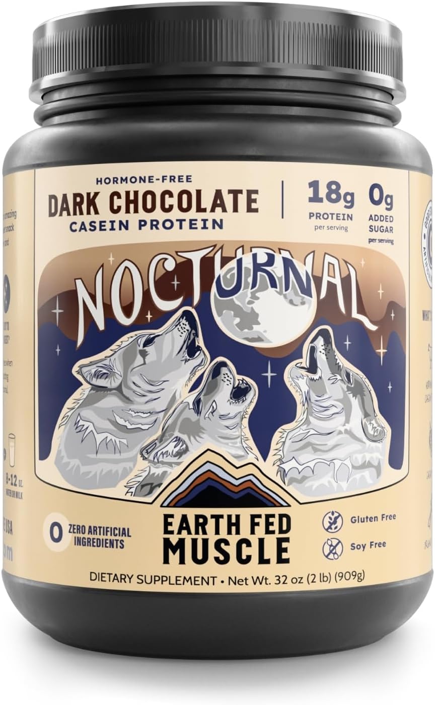 Earth Fed Muscle Nocturnal Casein Protein Powder – Dark Chocolate Protein Powder with Whey Blend – 18g Protein, Sugar Free, Gluten Free – Nighttime Recovery Protein Poweder – 2lb, 23 Servings
