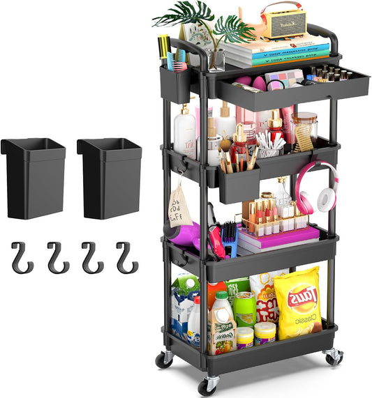 Goovilla 4 Tier Rolling Utility Cart Organizer with Removable Drawer, Stable and Sturdy Black Rolling Storage Carts with 2 Lockable Wheels for Bathroom, Kitchen, Snack, Craft, Makeup, Baby Essentials
