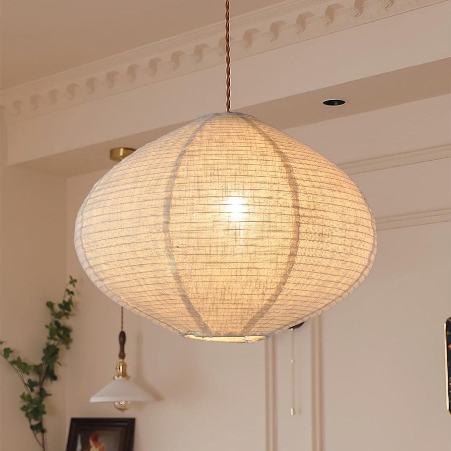 1PCS Hanging Fabric Lamp Shade 16inch,Handmade Linen Pendant Light Shade Handmade Minimalist White Beige foldable Hanging Lanterns for bedroom Living Room kitchen,house gift