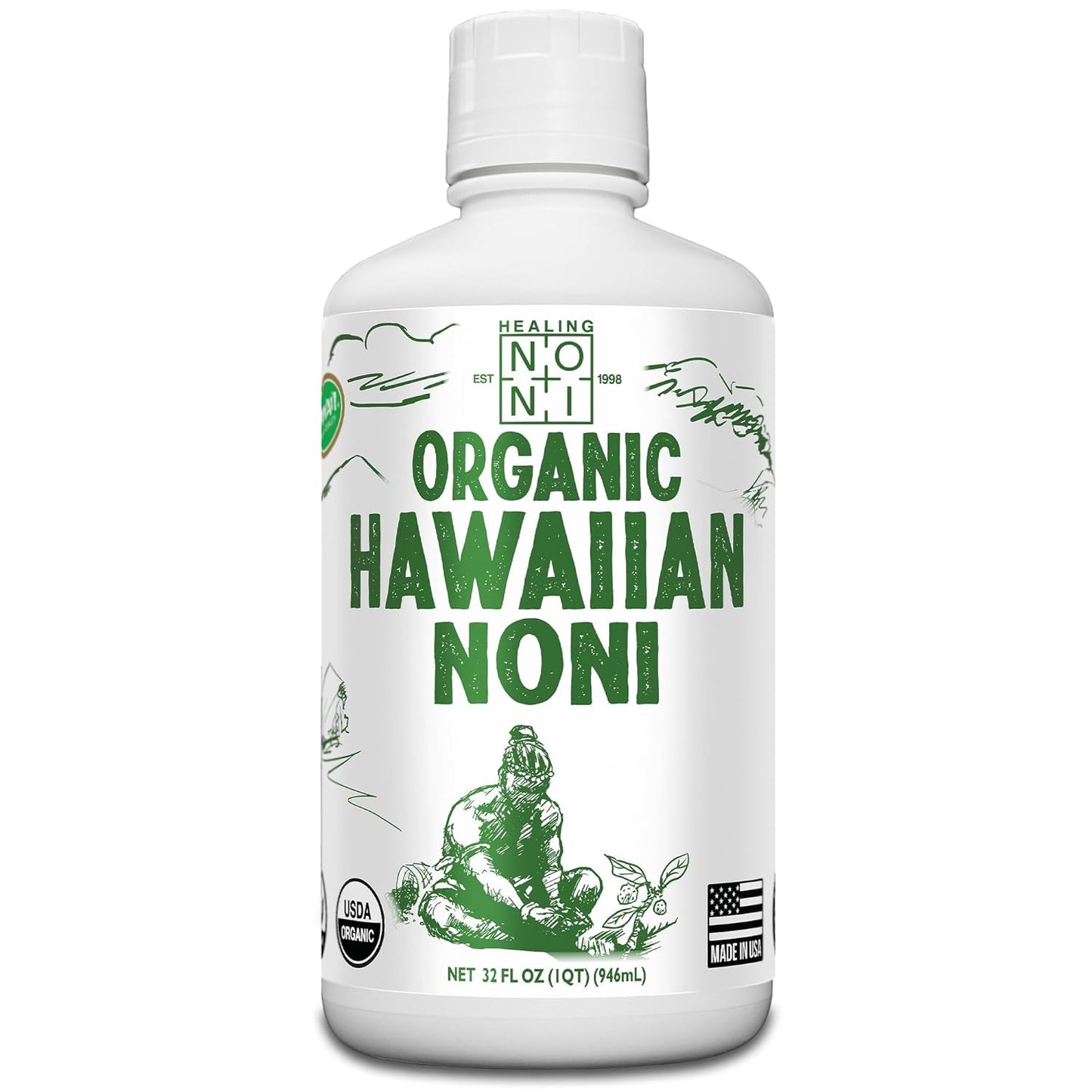 Healing Noni - 1-Pack Plastic Bottle 32oz - 100% Pure Hawaiian Organic Noni Juice - All-Natural Unsweetened Fresh Fruit - Farm Direct - USDA Certified