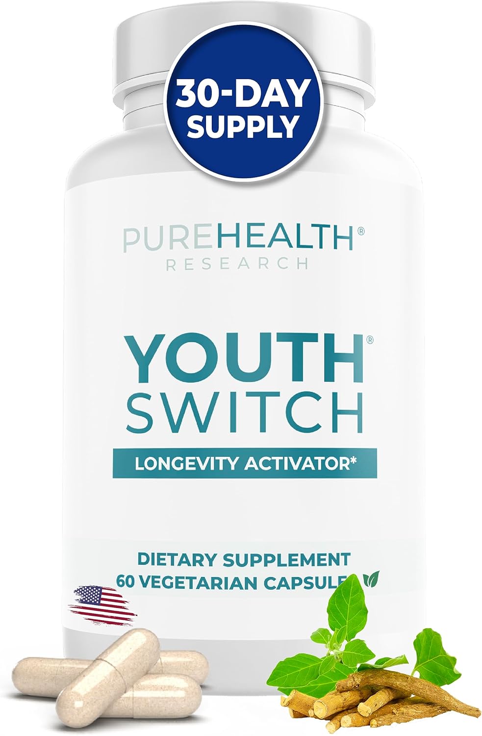 PUREHEALTH RESEARCH Youth Switch - Anti Aging Supplement with Ashwagandha Extract 600 mg KSM-66 - Longevity Activator - Telomere Supplements - Disrupt & Reverse Aging, 1 Bottle - 60 Capsules