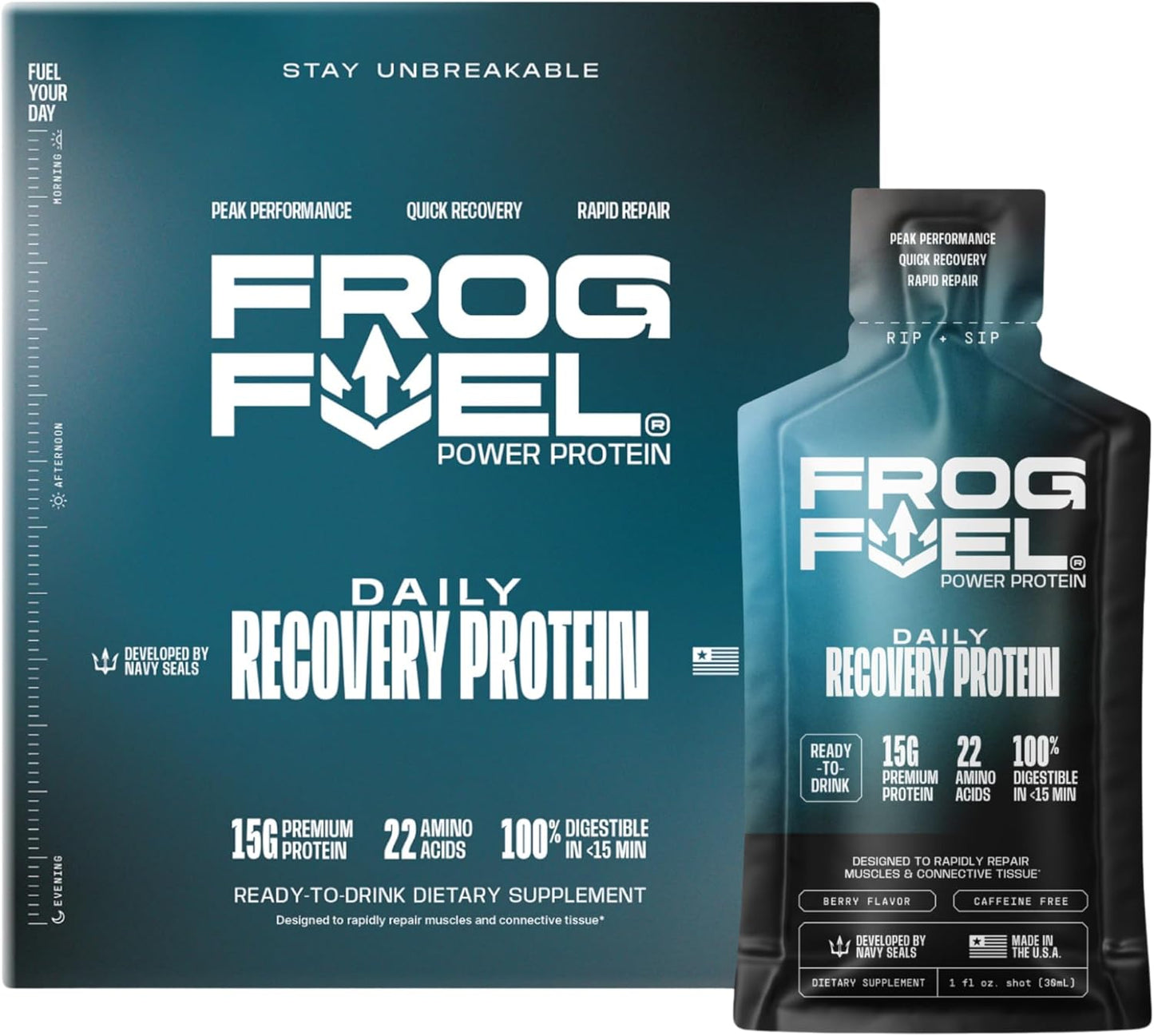 Frog Fuel Power Regular Protein Shot, 15g Protein Nano-Hydrolyzed Grass Fed Collagen, Post Workout, Gluten Free, Fat & Sugar Free, 22 Amino Acids, 0 Carbs, Berry, 1 oz Packets, 24 Pack