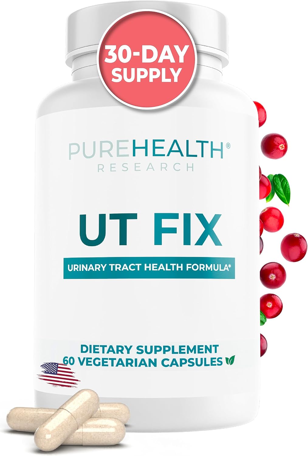 PUREHEALTH RESEARCH UTIFIX D Mannose with Cranberry Long-Term Supplement - D-Mannose for UTI 1000mg Capsules + 300mg Cranberry Extract + Propolis for Urinary Tract Health for Women and Men, 60 Count