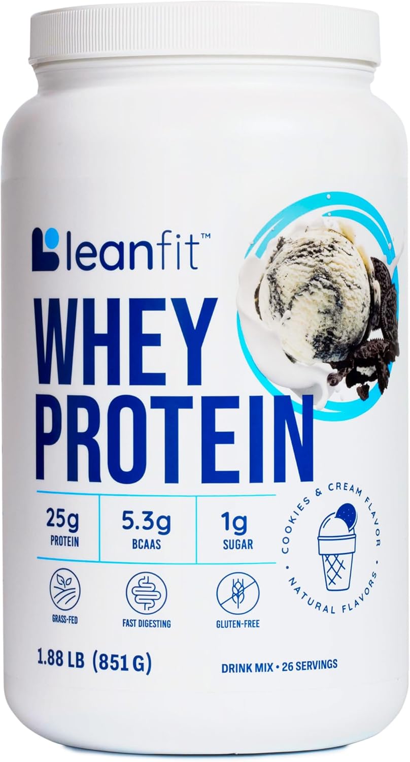 LeanFit WHEY Protein Cookies & Cream - 100% Whey Protein Powder, 25g Protein Per Serving - Grass-Fed, Gluten-Free, BCAAs, Amino Acid - 26 Servings, 1.88 lb Tub