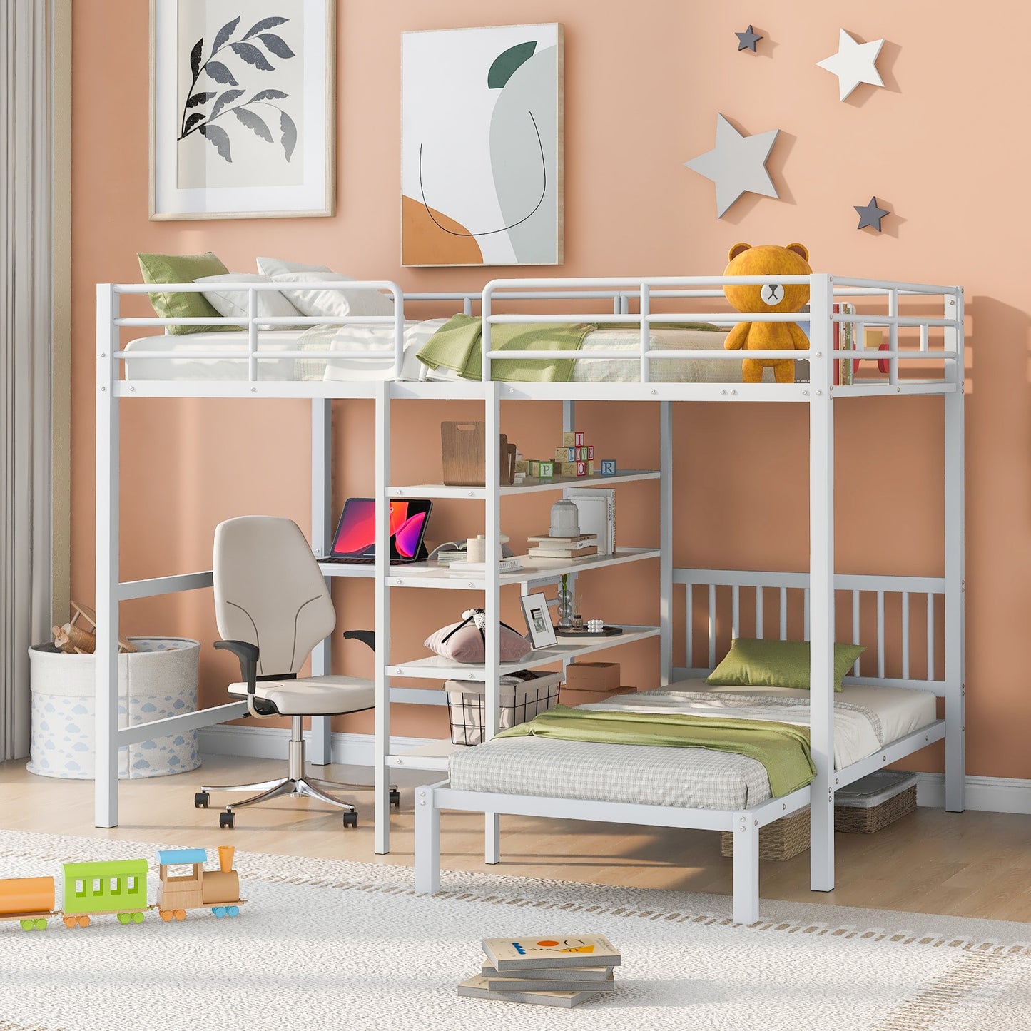 ModernLuxe Full Over Twin Metal Bunk Bed with Builtin Desk Shelves and Ladder White