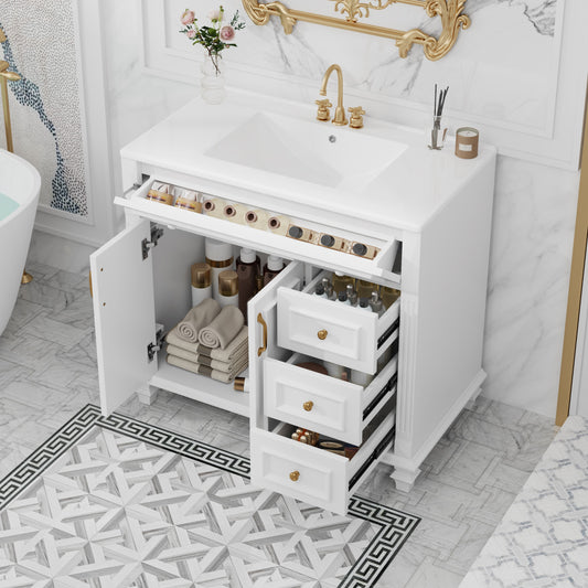ModernLuxe 36inch Bathroom Vanity with Sink White Vanity Cabinet with FlipOut Drawer 3 Drawers 2 SoftClose Doors Solid Wood  MDF Elegant Gold Hardware