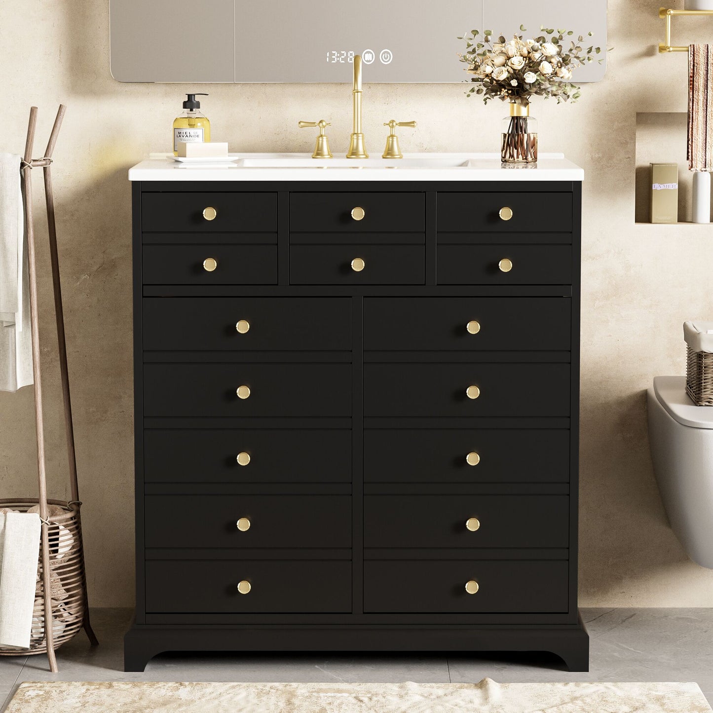 ModernLuxe 30inch Bathroom Vanity with Ceramic Sink Combo Solid Wood Frame Bathroom Storage Cabinet Freestanding Vanity Set with 2 Drawers Soft Closing Doors Black