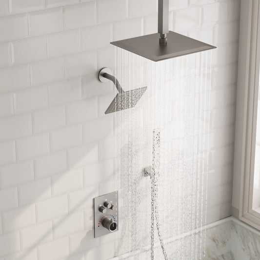 GRANDJOY ZenithRain Brushed Nickel 12-in Dual Head Built-In Shower Faucet System with 3-way Diverter ( Thermostatic Valve Included )
