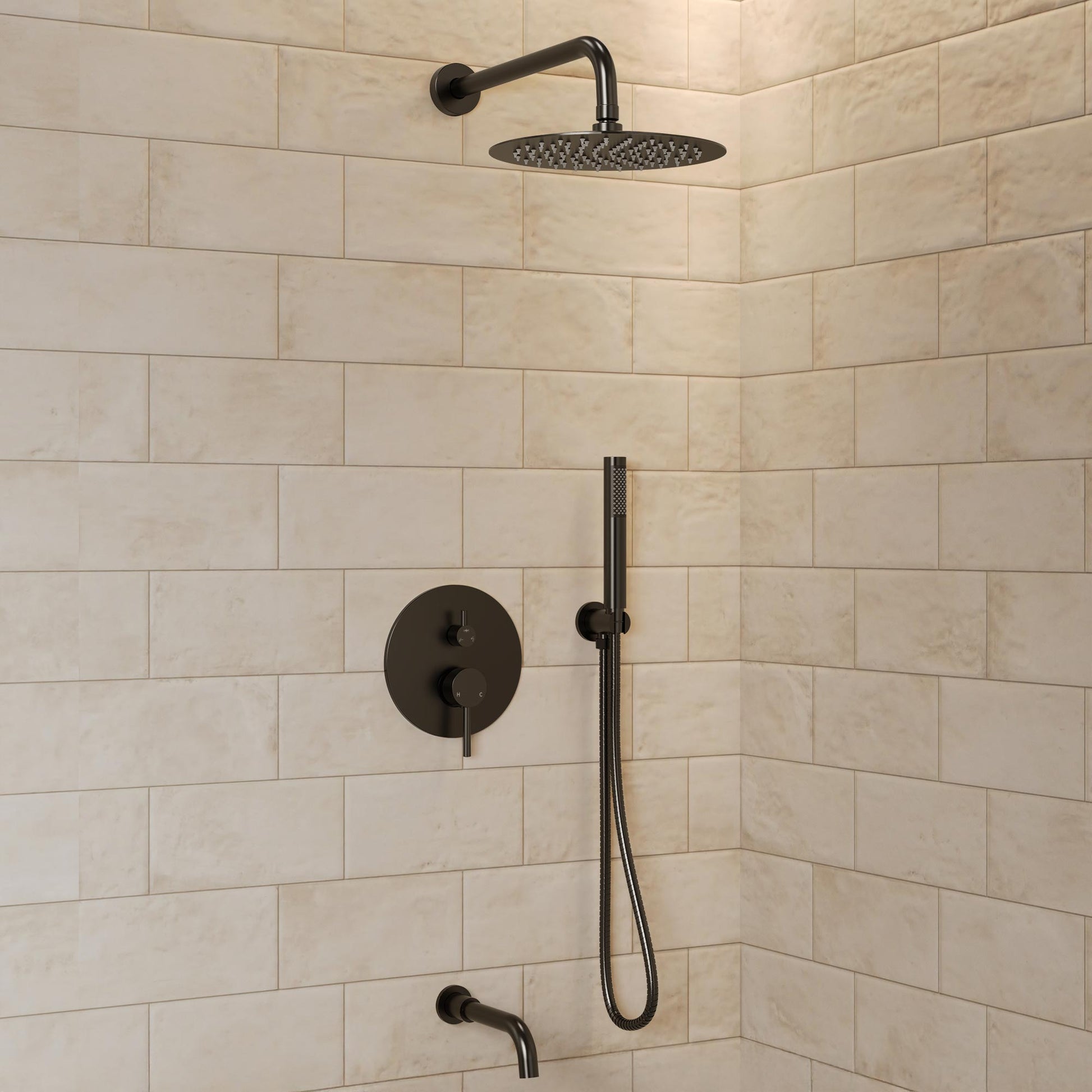 GRANDJOY Rainfall Matte Black 10-in Built-In Shower Faucet System with 3-way Diverter ( Pressure-balanced Valve Included )