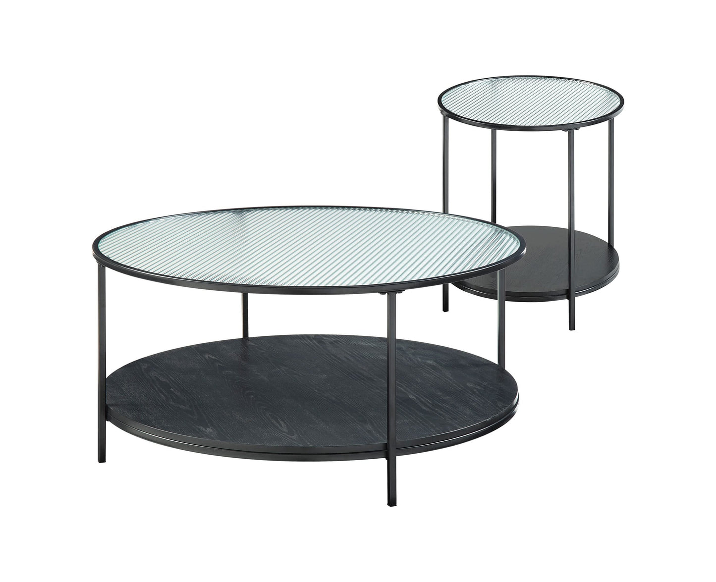 Vynxaria Series 20 in. Black Round Glass End Table with Fluted Glass Top and Metal Frame