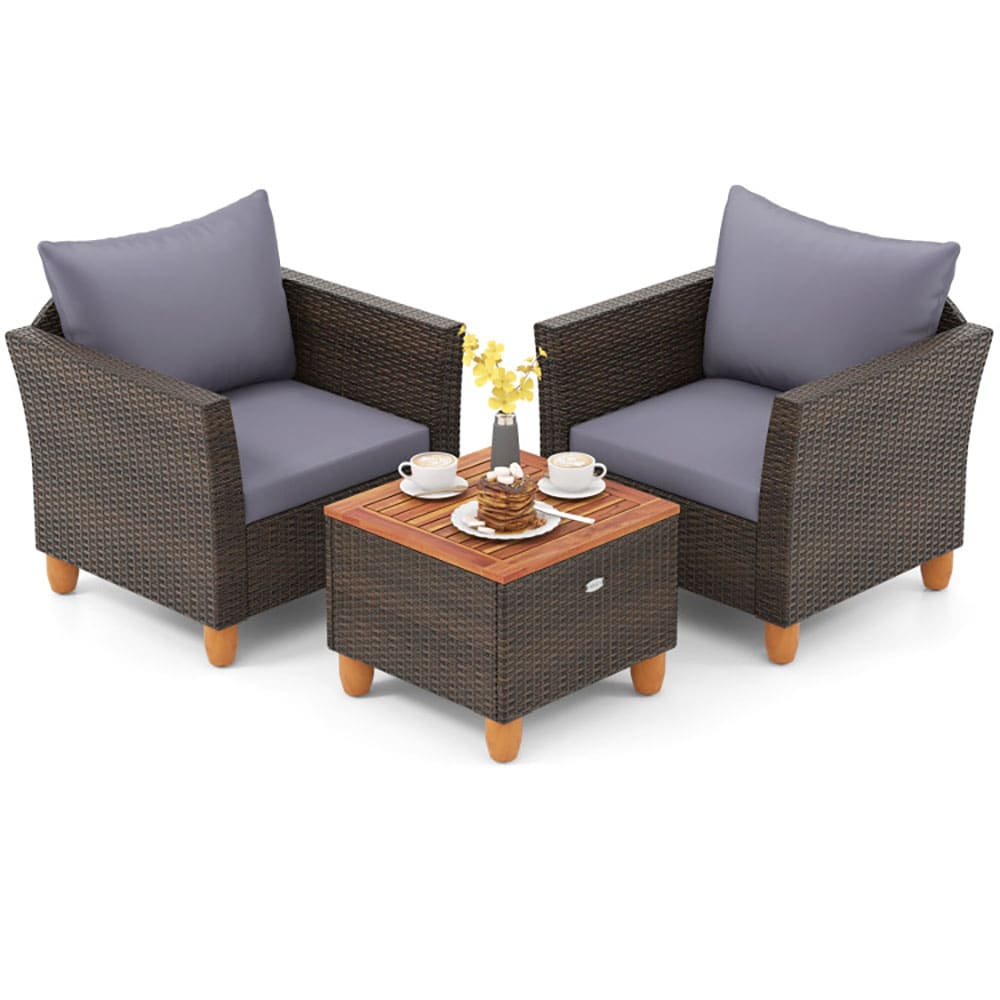 GZMR 3 Pieces Patio PE Wicker Furniture Set 3 -Piece Patio Conversation Set with Gray Cushions