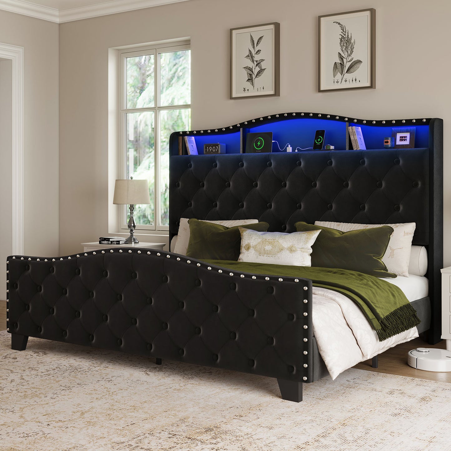 Belffin Upholstered Bed Frame Queen - Tufted Headboard with LED Lighting and Outlet (Black)