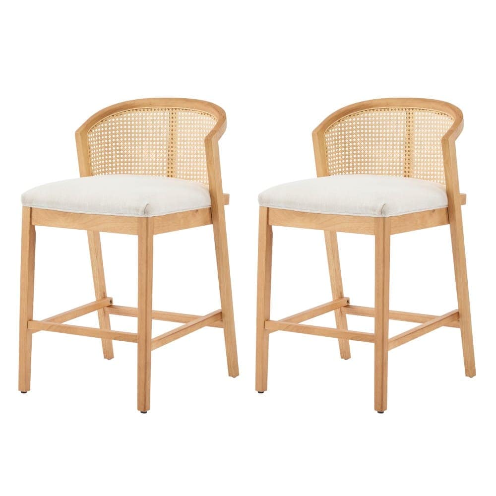 Coolbibila Set of 2 Rattan Back Wooden Counter Stools Nature Rubberwood Frame Beige Upholstered Kitchen Bar Chairs