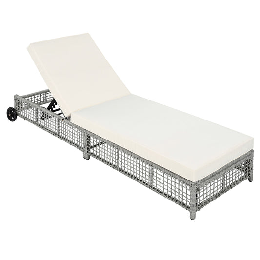 Bybafun Rattan Beige+Gray Iron Frame Stationary Chaise Lounge Chair with Off-white Cushioned Seat