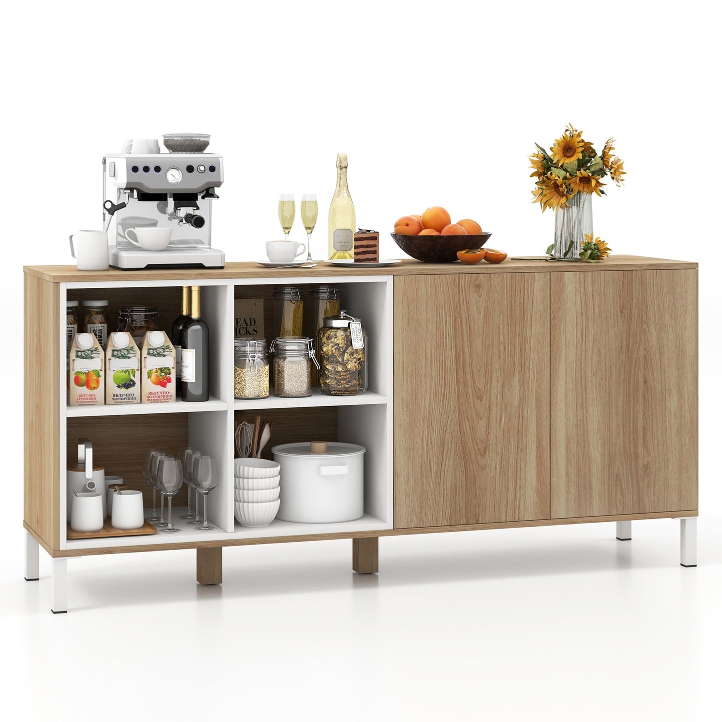 Slickblue 63-Inch Buffet Sideboard Cabinet Natural and White MDF Engineered Wood Metal 4 Compartments Push-to-Open Doors for Kitchen Dining Living Room