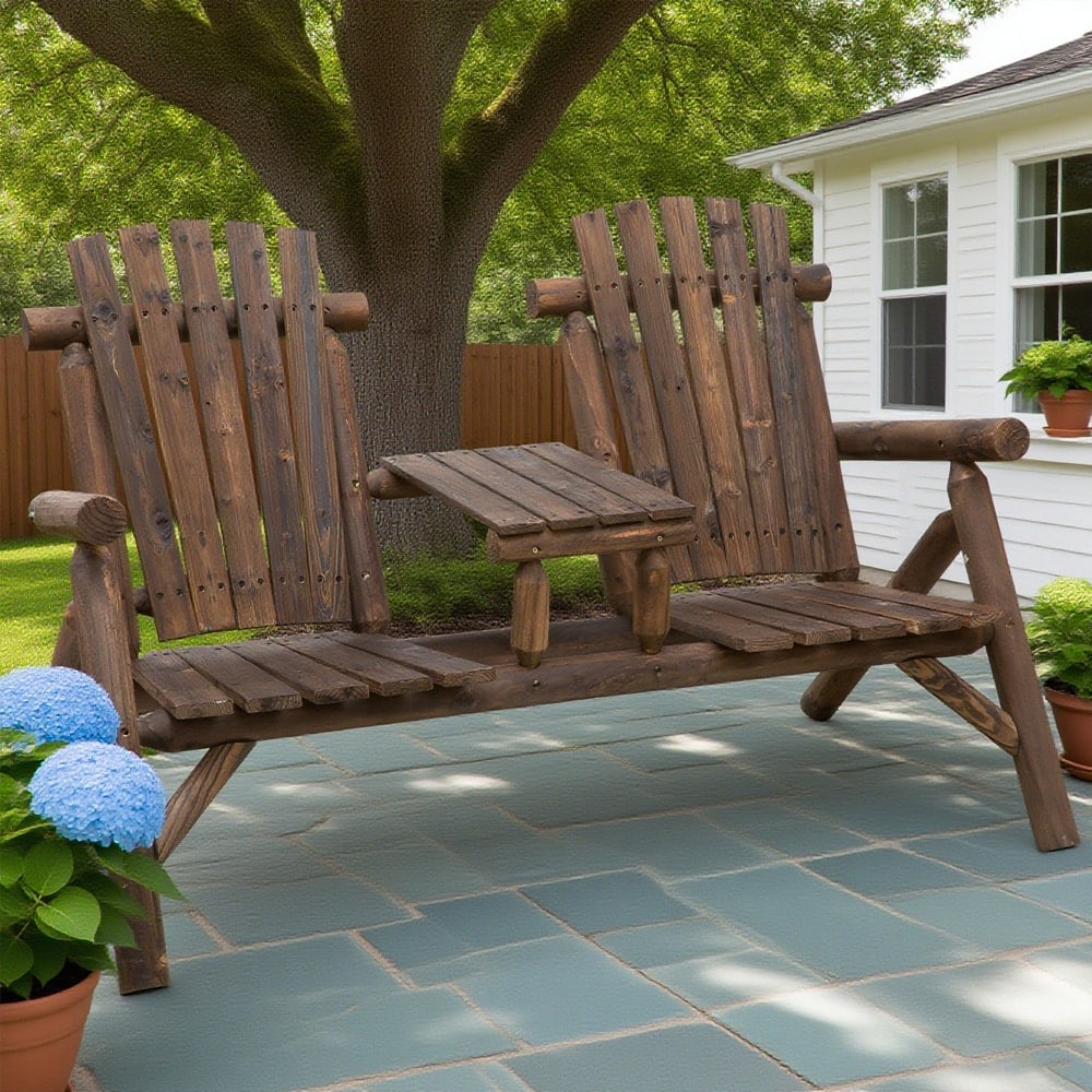 Tatayosi Wood Adirondack Patio Chair Bench with Center Coffee Table; Perfect for Lounging and Relaxing Outdoors Carbonized