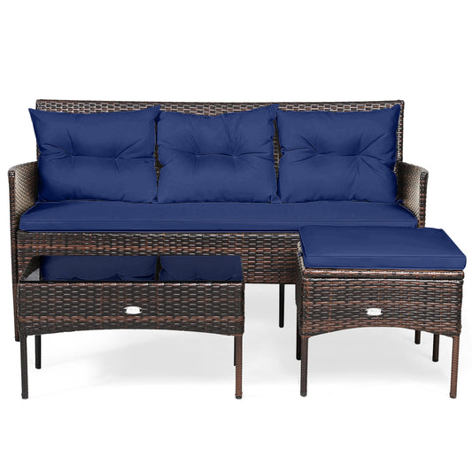 Slickblue 3-Piece Patio Rattan Sectional Set with Mix Brown Frame and Turquoise/Gray/ Navy Cushions Including Sofa Ottoman and Tempered Glass Coffee Table for Patios Balconies or Gardens