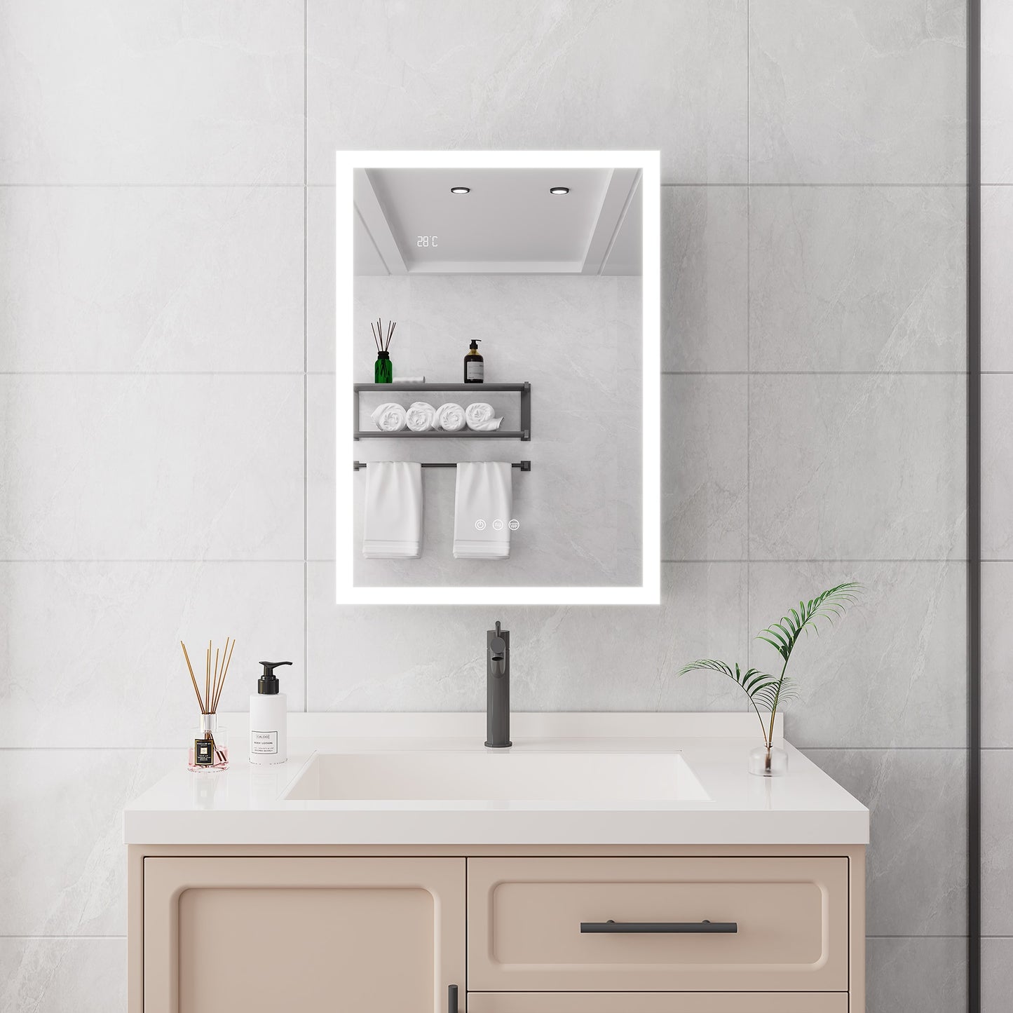 Boyel Living Bathroom Medicine Cabinet with LED Mirror Lights 28x20 Inch with Defogger Dimmer Clock Temp Display