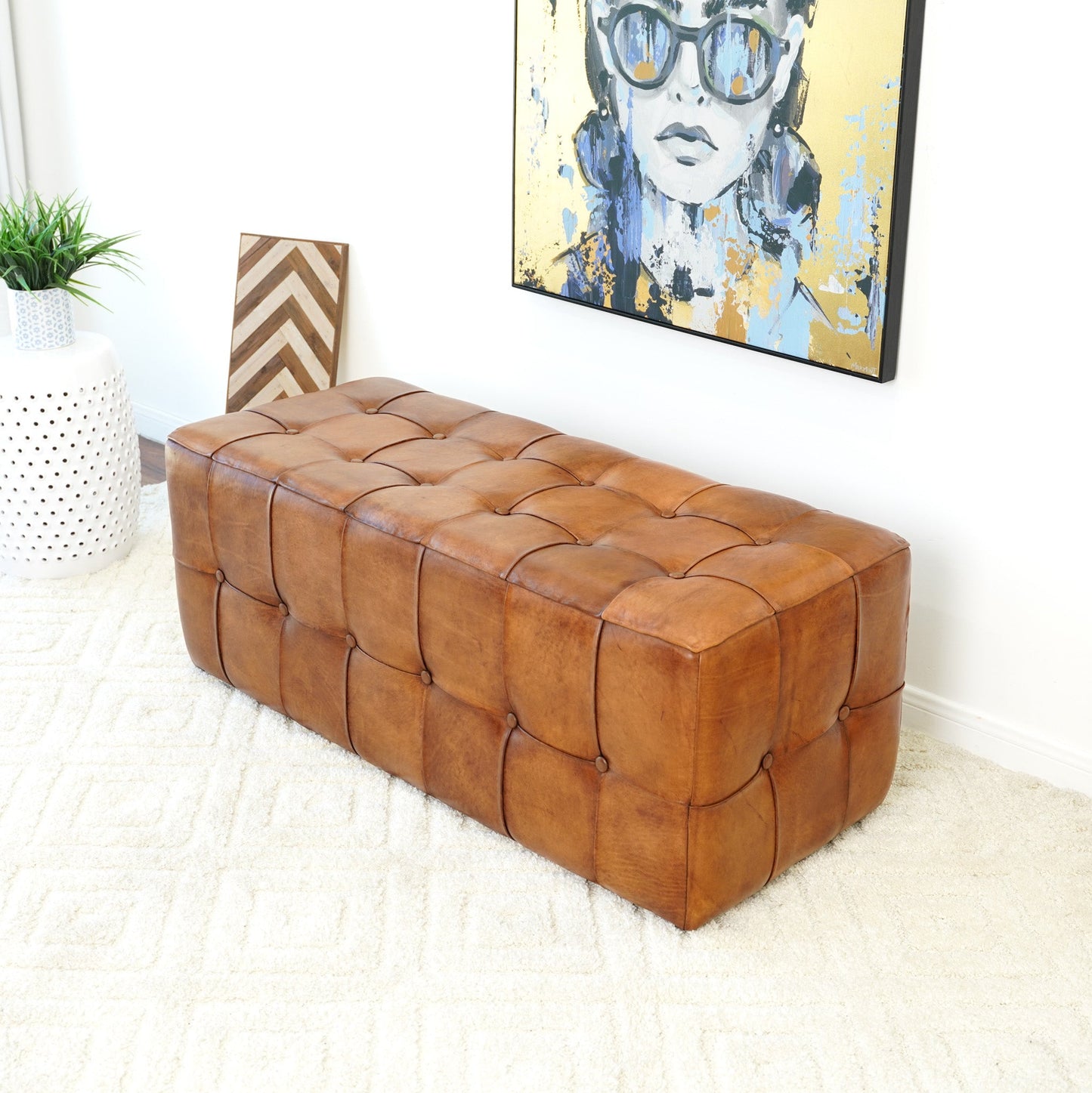 LOVMOR Benjiro Tan Leather Bench Ottoman Stool Leather Footstool Bench