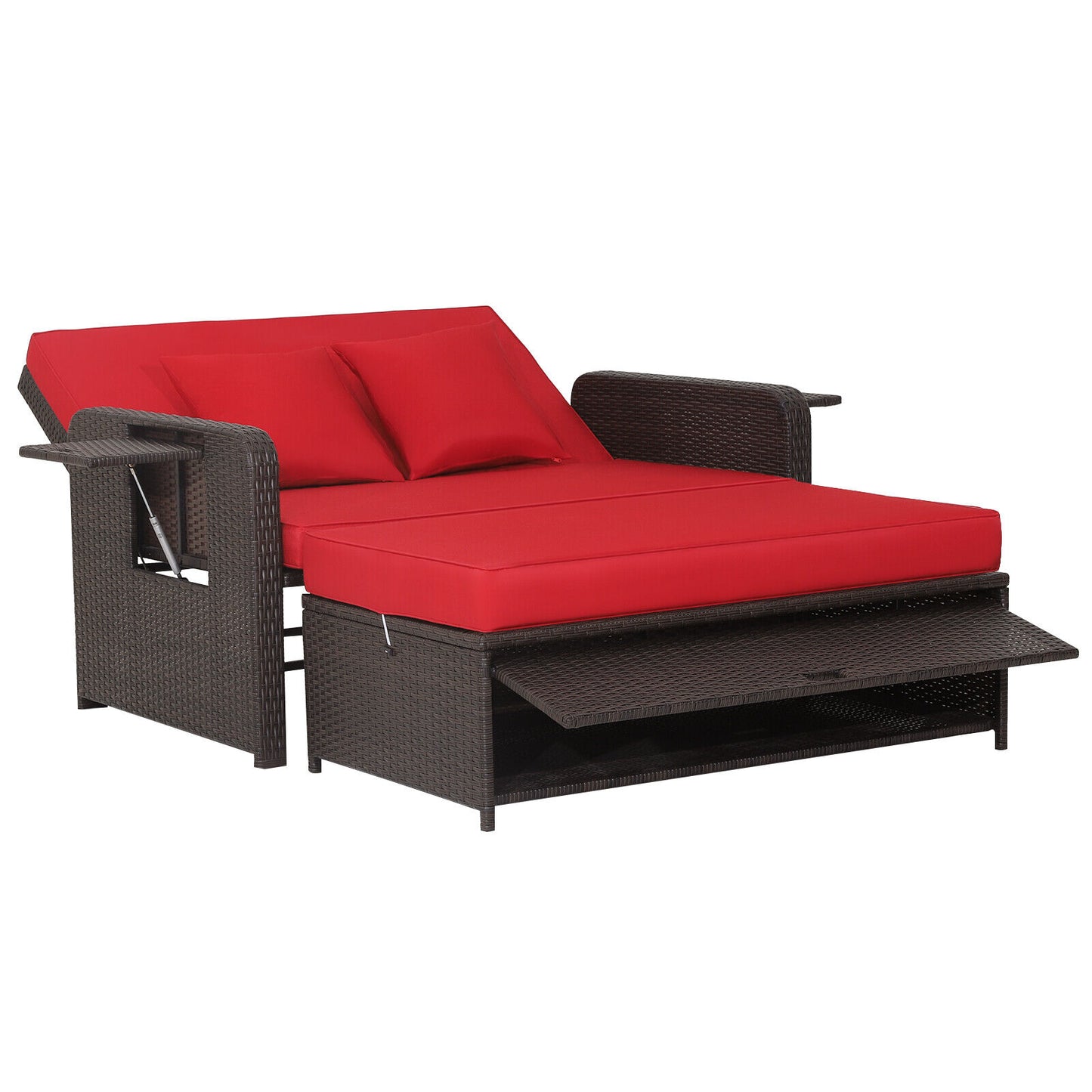 Slickblue Patio Rattan Outdoor Daybed with Navy/Red/Black Cushions Included and Metal Frame – 4-Level Adjustable Backrest and Retractable Side Tray – Perfect for Backyard
