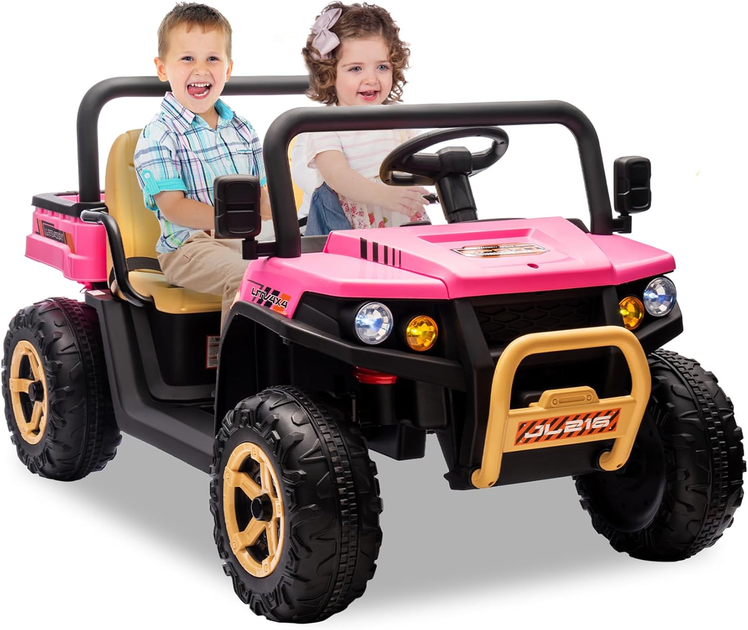 Qeetex 24v Ride On Dump Truck 2 Seater Electric Ride On Car Toy for Kids Battery Powered UTV with 4x35W Motors Shovel Bluetooth Remote Control Music LED Lights for Boys and Girls Pink