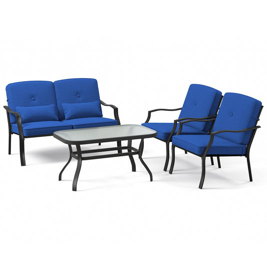 Slickblue 4-Piece Patio Conversation Set with Loveseat 2 Chairs Navy Seat Back Cushions and 1 Tempered Glass Coffee Table Metal Frame for Backyard or Patio