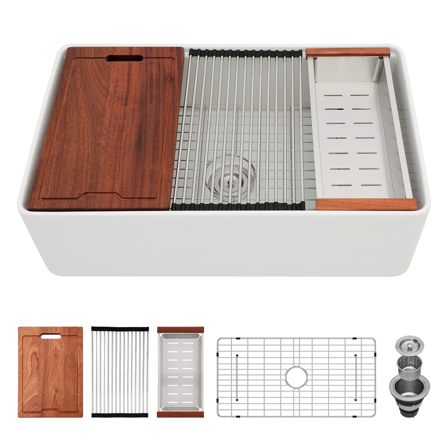 LIVIZA Ceramic Kitchen Sink Farmhouse apron front 33-in x 20-in Porcelain Single bowl Workstation Kitchen Sink with Drainboard