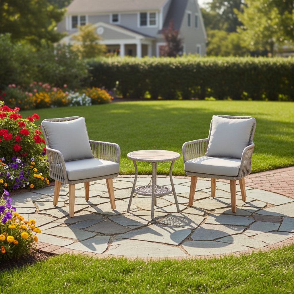 Teamson Home Patio Furniture 3 -Piece Brown Wicker Bistro Patio Dining Set Aluminum Round Table with 2 Light gray Cushions Stationary Chairs