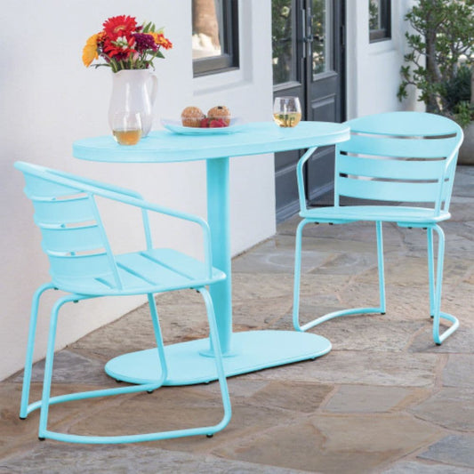 Christopher Knight Home Santa Monica Bistro Set Steel Compact Round Table with Chairs 3 Piece Light Blue