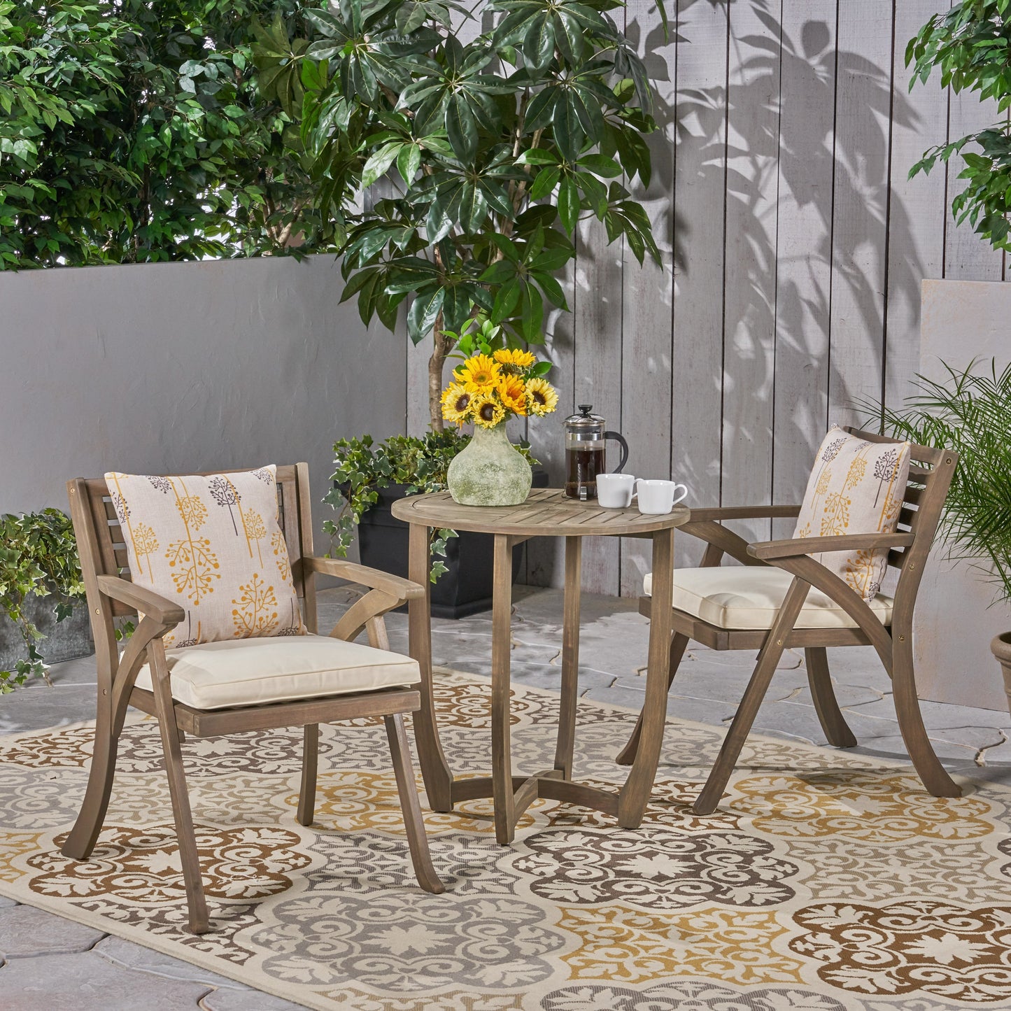 Christopher Knight Home Outdoor Acacia Wood 3 Piece Bistro Set with Cushion