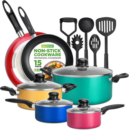 NutriChef 15-Piece Non Stick Kitchen Cookware Set PFOA\/PFOS-Free, Colorful Heat Resistant Lacquer w\/Saucepot, Frying Pans, Oven Pot, Lids, 5 Utensil - NCCWCOR15